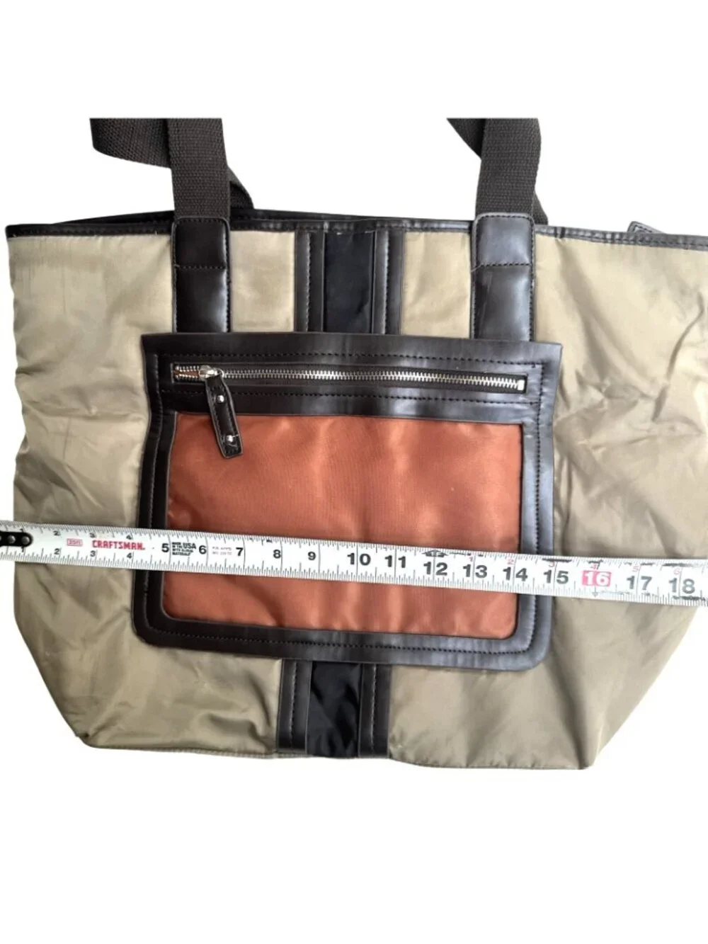 Sandra Roberts Large Tote Bag With Brown Handles & Front Zipper Pocket